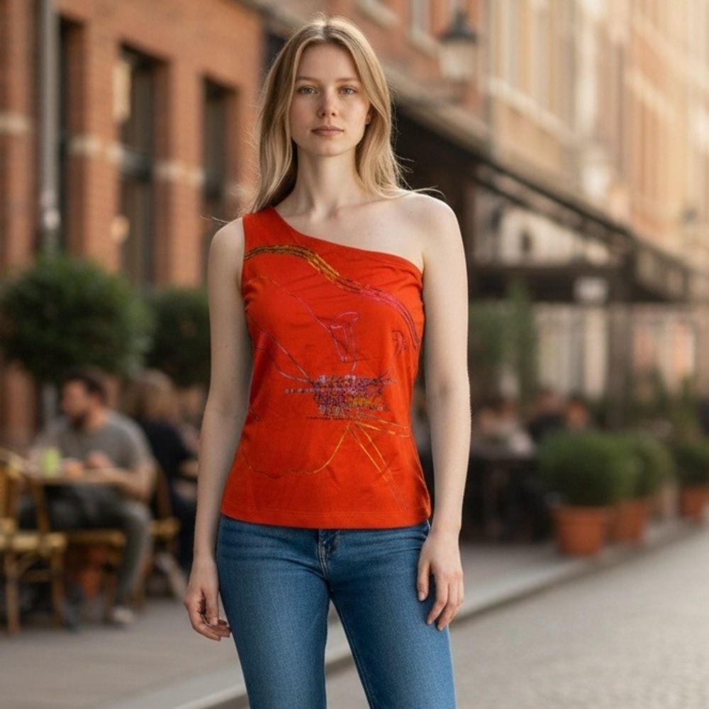 Vintage Versace Sport Orange One Shoulder Tank Top Metallic Graphic Print Size S